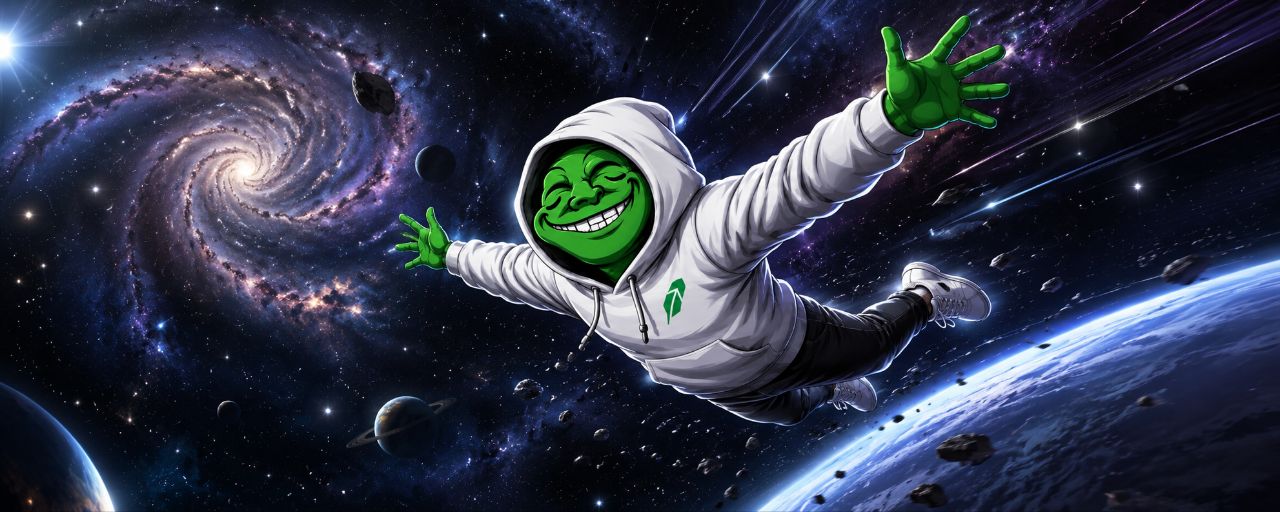 Troll in a white hoodie flying through outer space